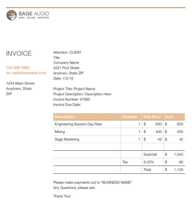 Audio Engineering Invoice Example