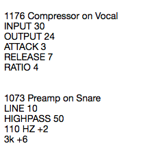 Equipment Recall Notes Example for Audio Mixing