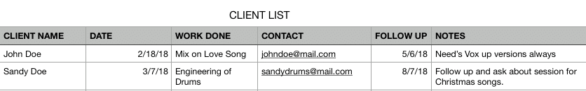 Example of Client List Organization for Audio Engineering 