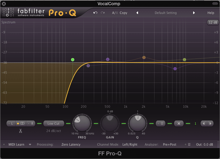 'Low Cut' filter attenuating up to 130Hz. with a slope of 24dB/Octave
