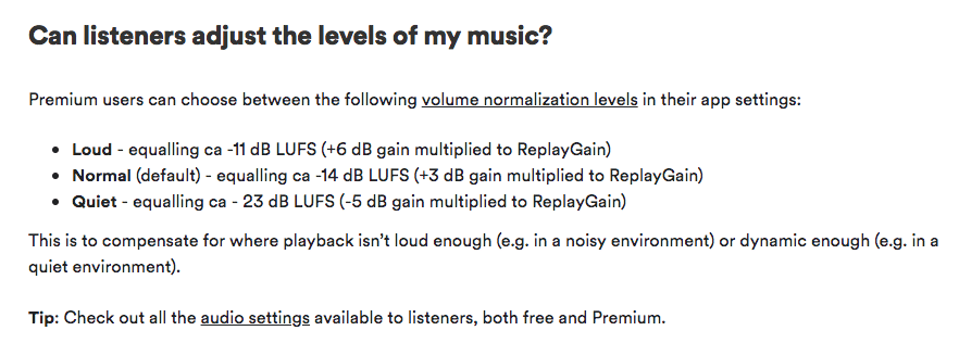 Loudness settings from Spotify's Artist FAQ section