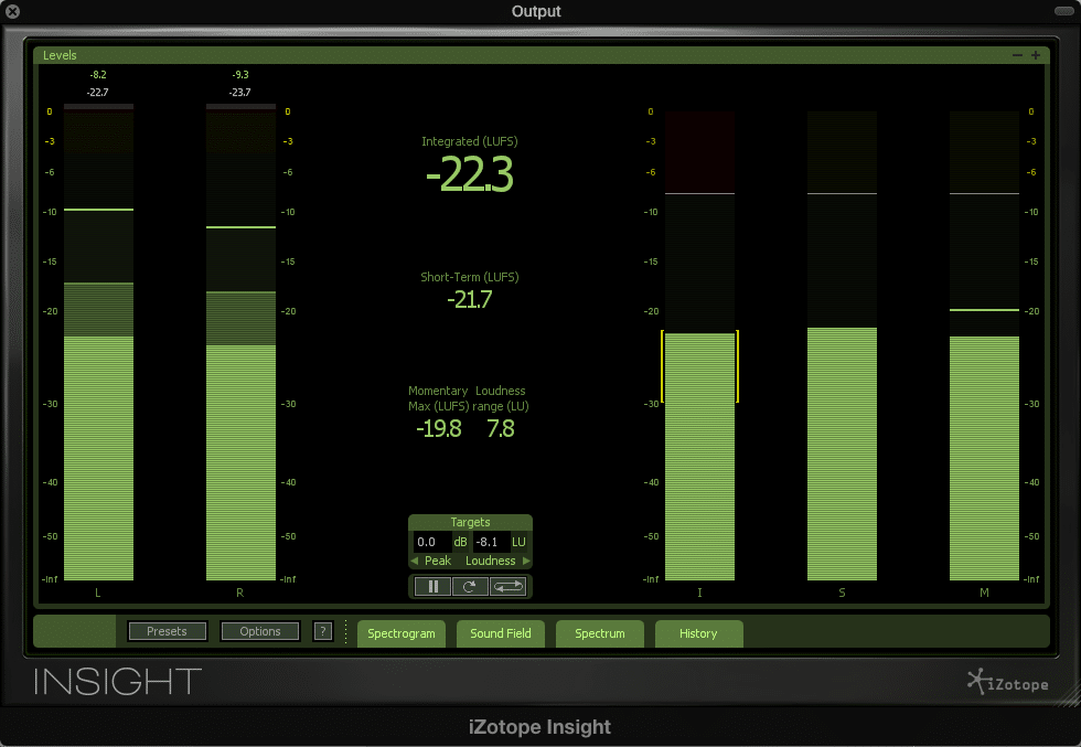 Izotope's Insight Plugin, with an integrated LUFS of -22.3