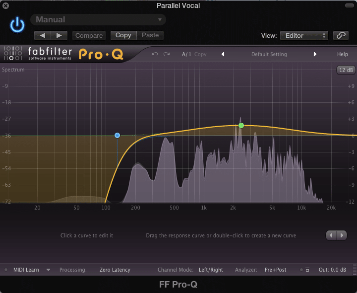 FabFilter Pro with a high pass filter, and an amplified high mid-range 