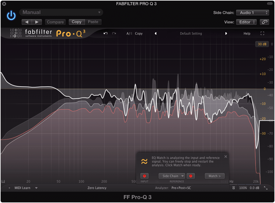 The quickest way to capture audio is insert the EQ on a track, and then side chaining another instrument.