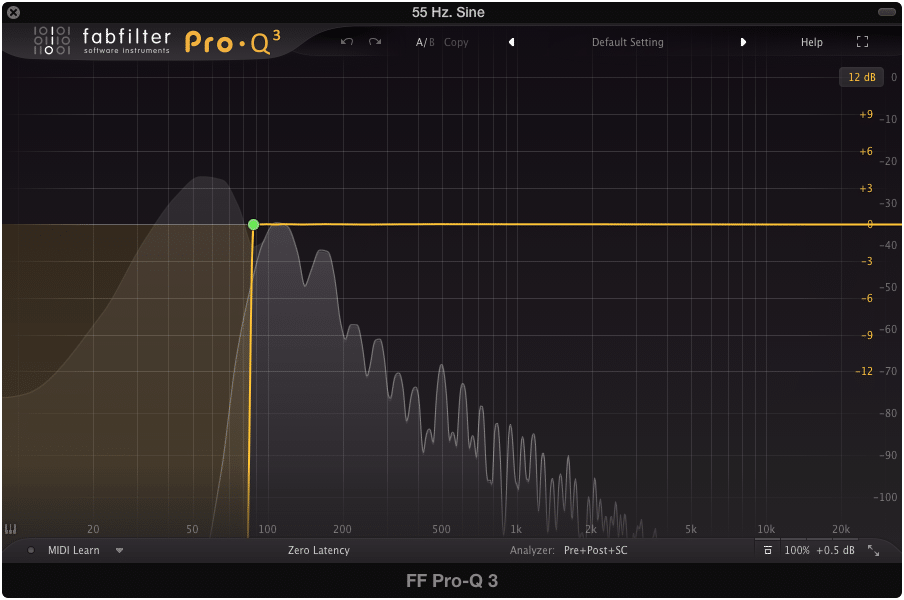The FabFilter Pro Q, with a brick wall cut to cleanly remove the fundamental.