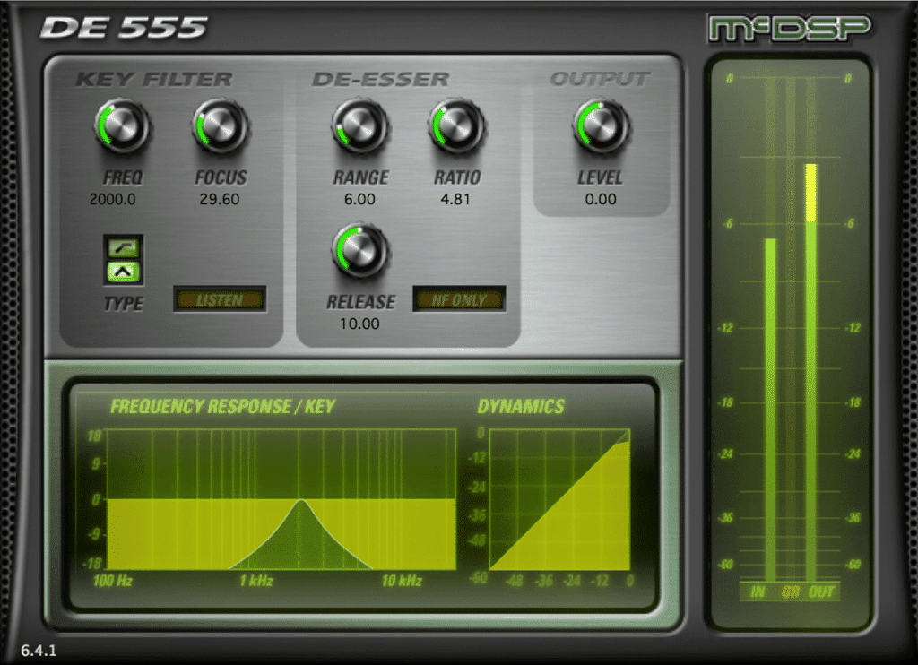 A signal analysis algorithm allows for de-essing at any input level.