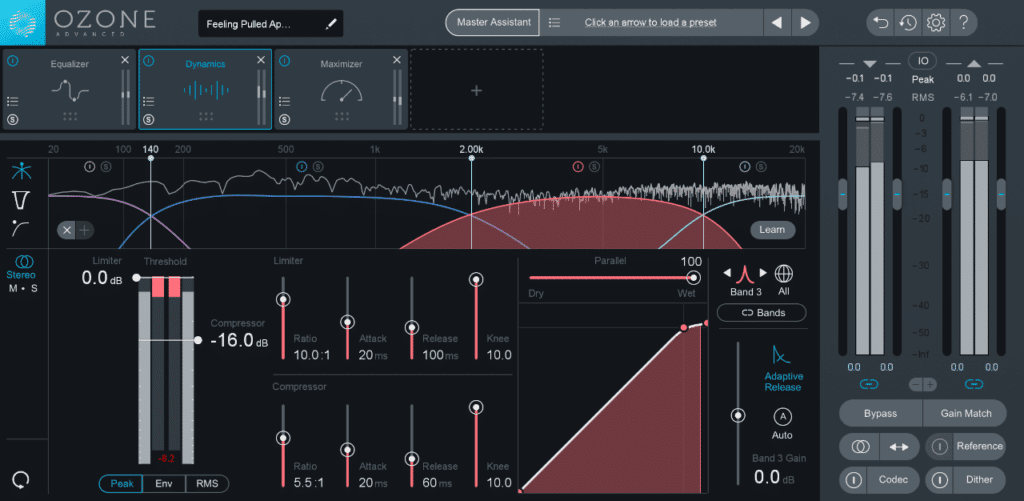 The Ozone 8 dynamics multi-band compressor offers advanced functionality for mastering and mixing.