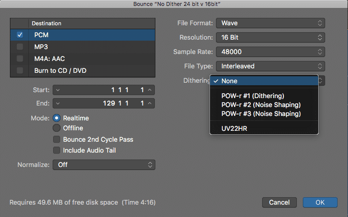 Logic Pro offers multiple dithering types while exporting.