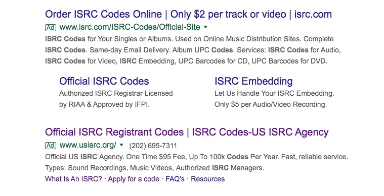 Notice that these advertisements show $2 per ISRC code - do not pay for ISRC codes.