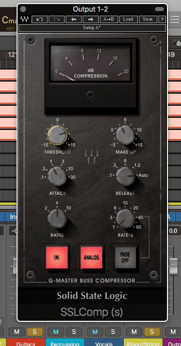 In this example, the Guitars and Pianos/Strings are running through the compressor. If another signal was sent through, the compressor would react differently.