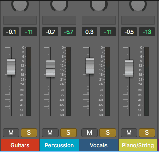 Ideally, you could bounce these 4 shown stems out independently, and if recombined after being exported, it would sound the same as if they were all exported at the same time as one stereo file.