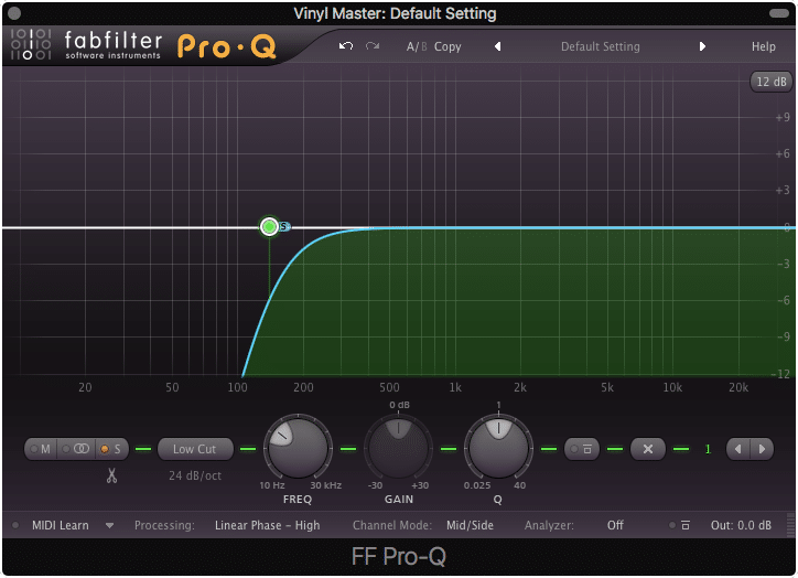Using a mid-side equalizer, attenuate the side image up to 150Hz.