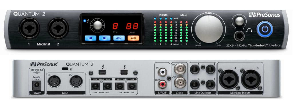 Notice the multiple ADAT and thunderbolt connections, allowing for daisy-chaining multiple quantum interfaces.