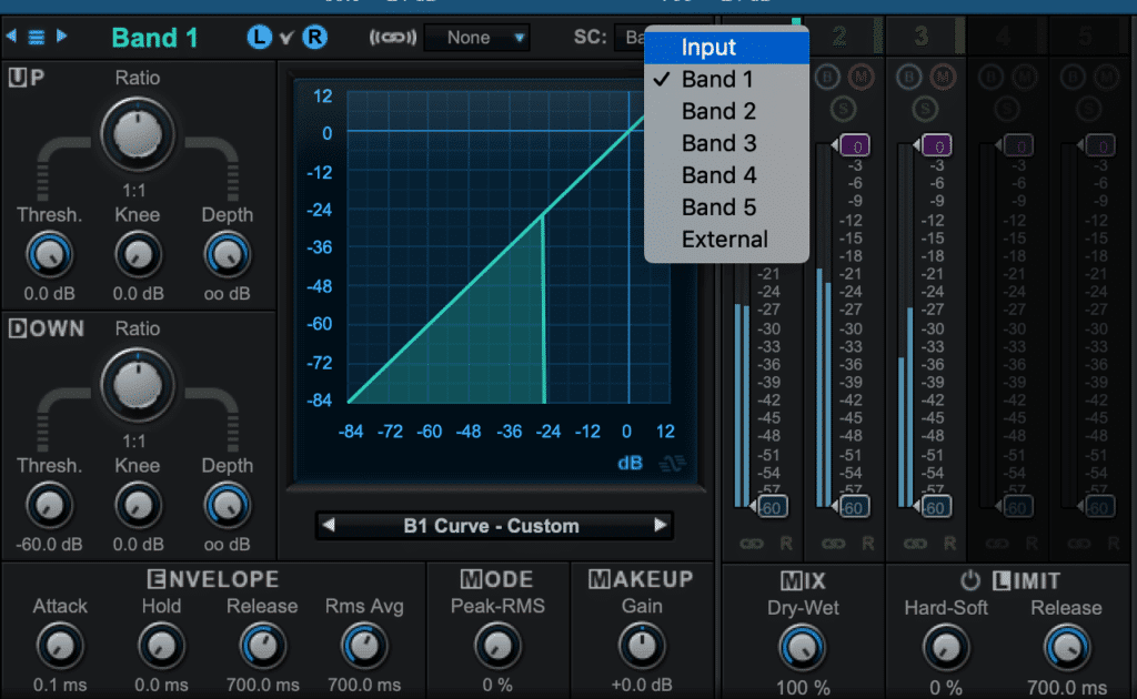 The MB-5 allows for bands to be side-chained to other bands. This makes it an incredibly versatile compressor.