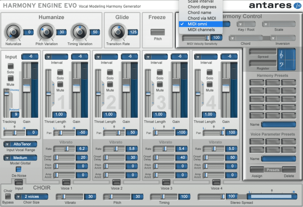 Changing the harmony source to midi-omni makes it possible to control the harmonies with a keyboard.