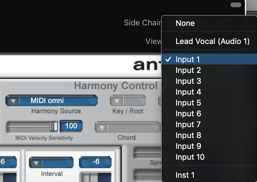Choose your input as the Side Chain input for the harmony engine. Do not select your track as you did before, select your input.