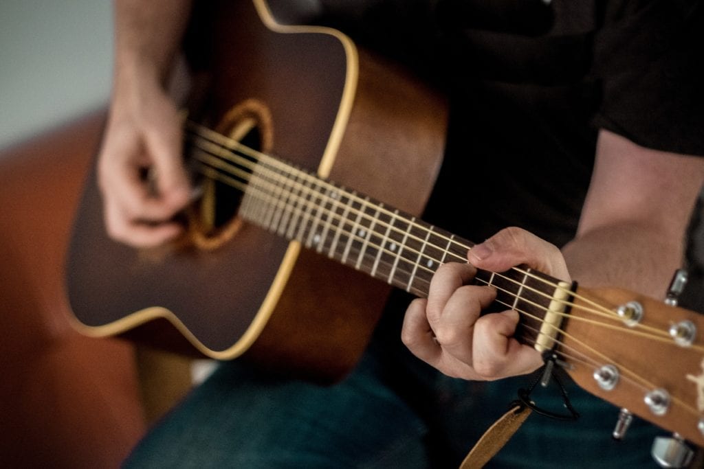 If a guitar is played on your right side, the right ear will hear the full frequency spectrum, whereas the left will hear the source with a slightly truncated high-frequency range.