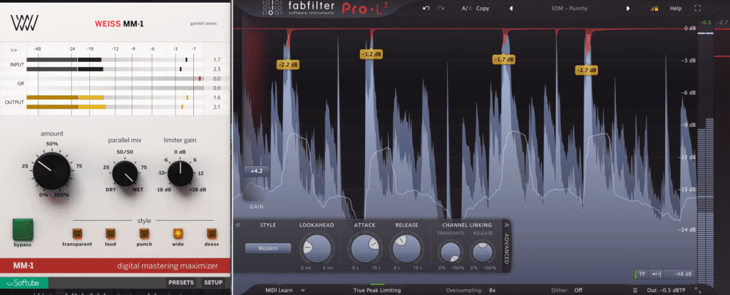 Using two limiters back-to-back helps lessen the load of the processing applied.