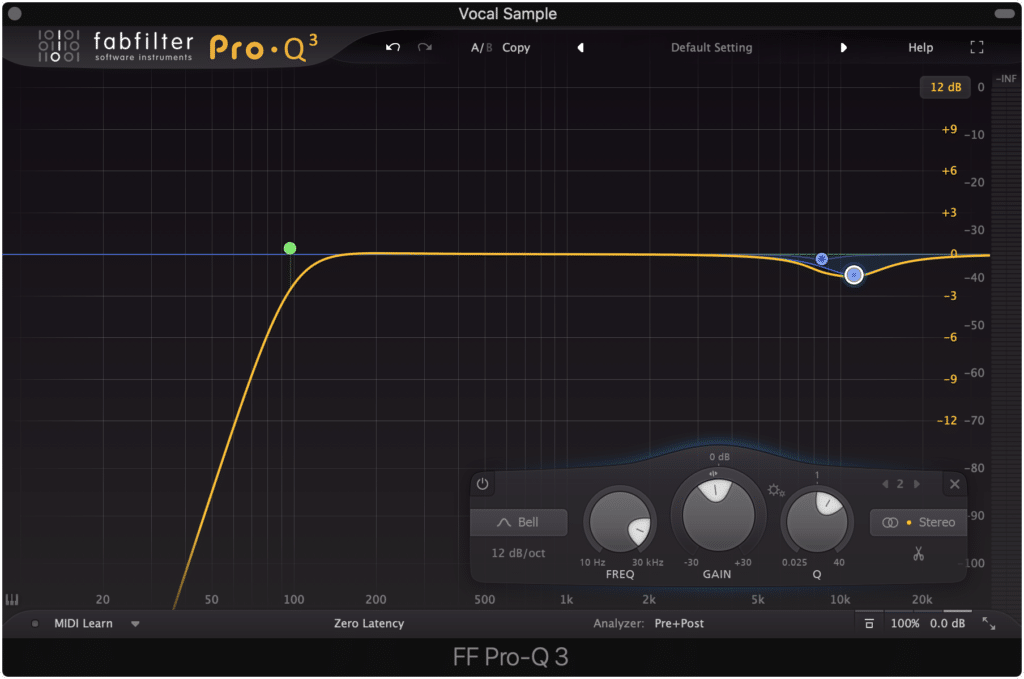 A good starting place is to attenuate the low end with a high-pass filter and to tame the sibilance with a bell filter.