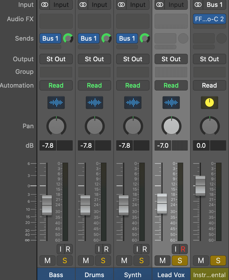 Here, we have the instrument stems routed to an auxiliary track. The vocal stem is not being sent. By soloing the vocal stem and the auxiliary track, we're monitoring the entirety of the mix.