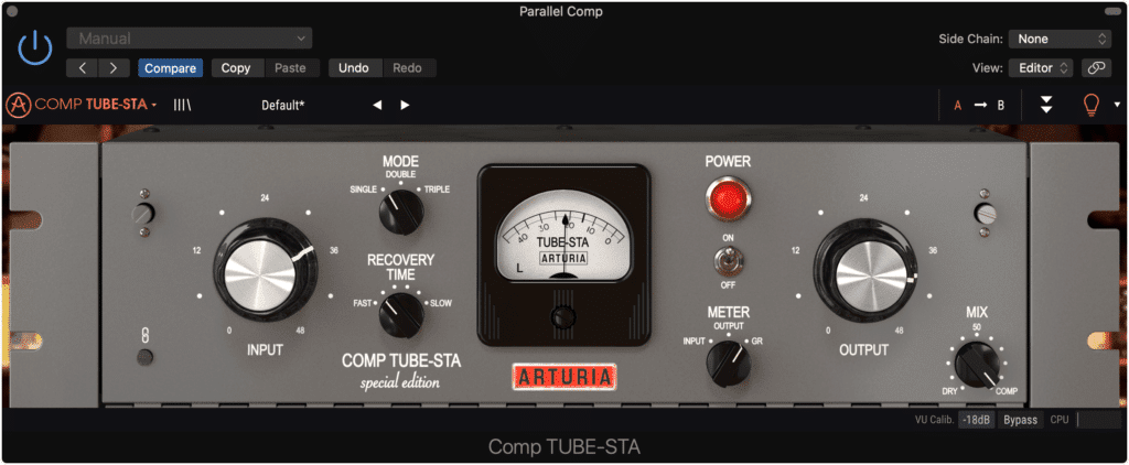 Significant compression is better when performing parallel compression. Remember you can always blend this effect back in with the uncompressed signal later on.