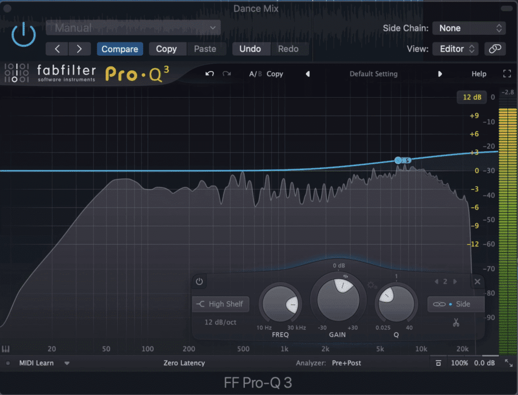 Amplifying the side image increases the stereo width of your dance music master.