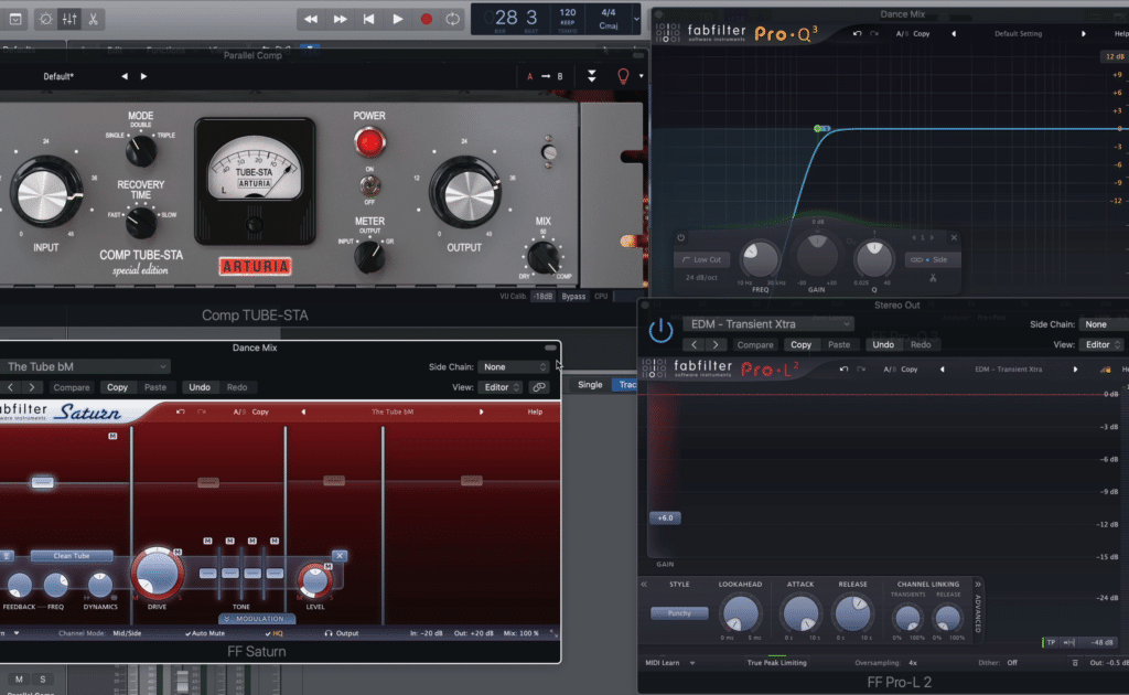Mastering dance music includes but isn't limited to low-level compression, mid-side equalization, saturation or harmonic distortion, and aggressive limiting.