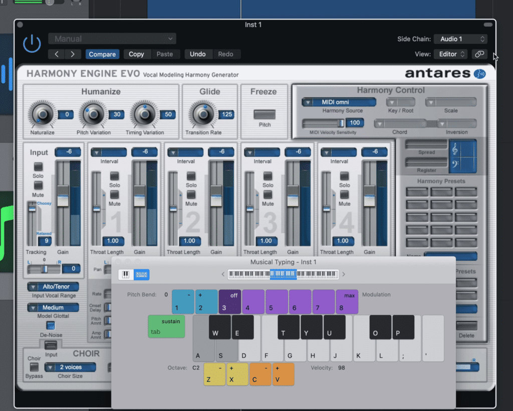 Once set up, you can control harmonies via a midi-controller.