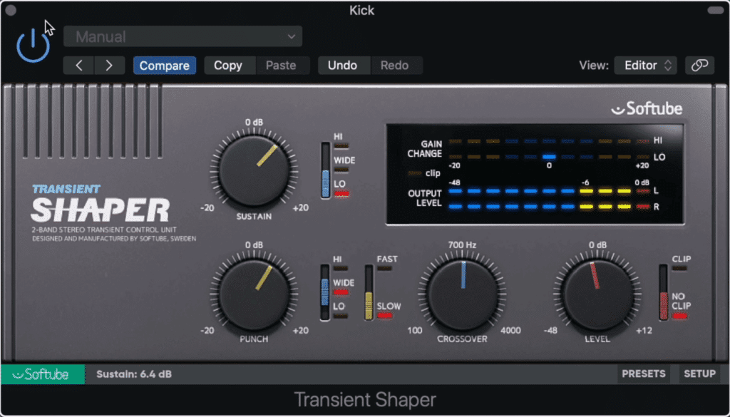 The sustain function on the transient shaper can be used for low-level compression 