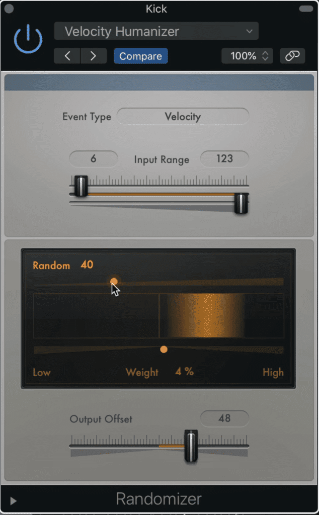 You can use this randomizer midi-effect to randomizer the velocity of your midi notes. The orange bar shows the range of the midi note velocities.