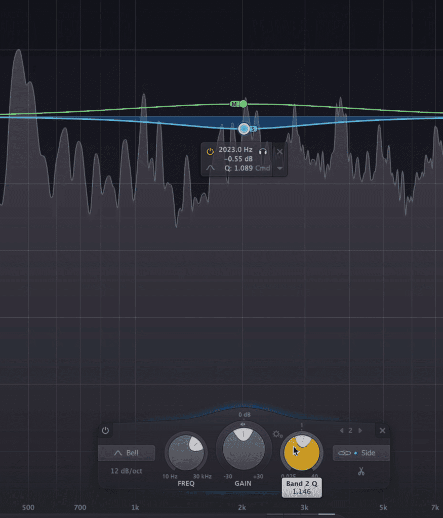 Amplifying 2kHz of the mid image and attenuating 2kHz on the side image will make the main vocal more present.