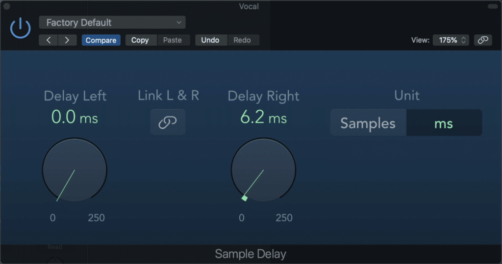 Using a delay to delay either the right or left signal will cause the image to move into the 180-degree stereo field.