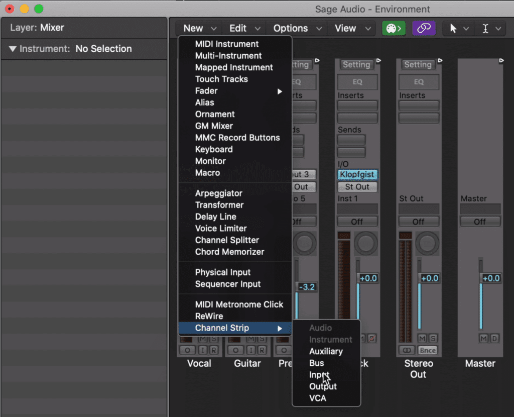Within Midi Environment Window: New > Channel Strip > Input