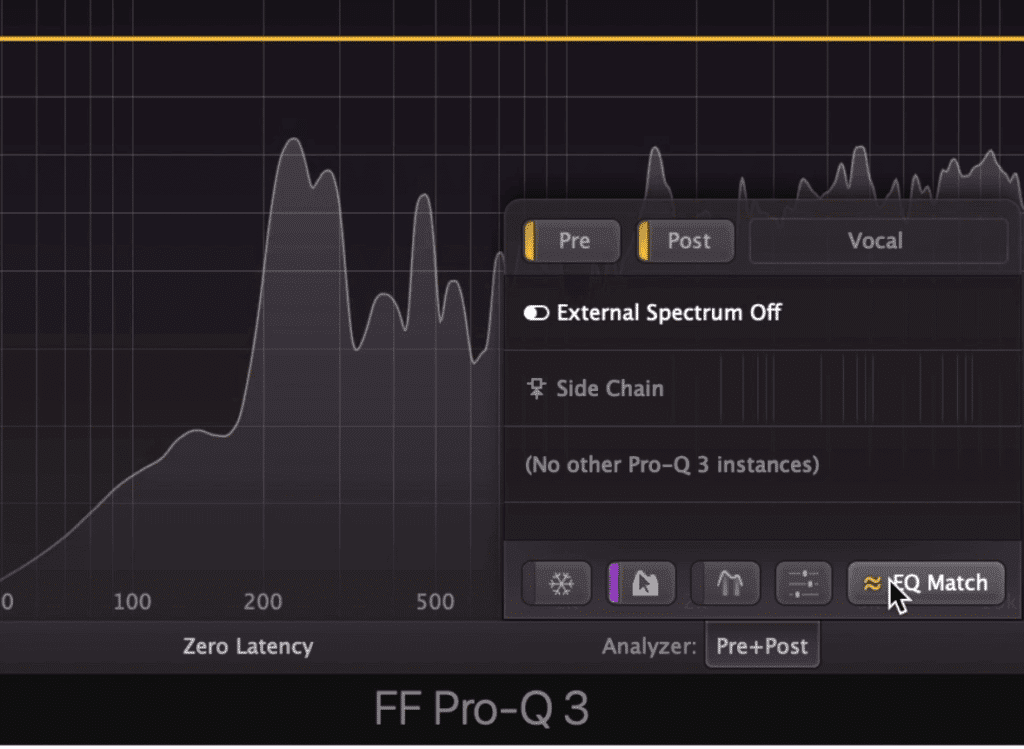 The EQ Match tab pops up after hovering over the Pre+Post tab