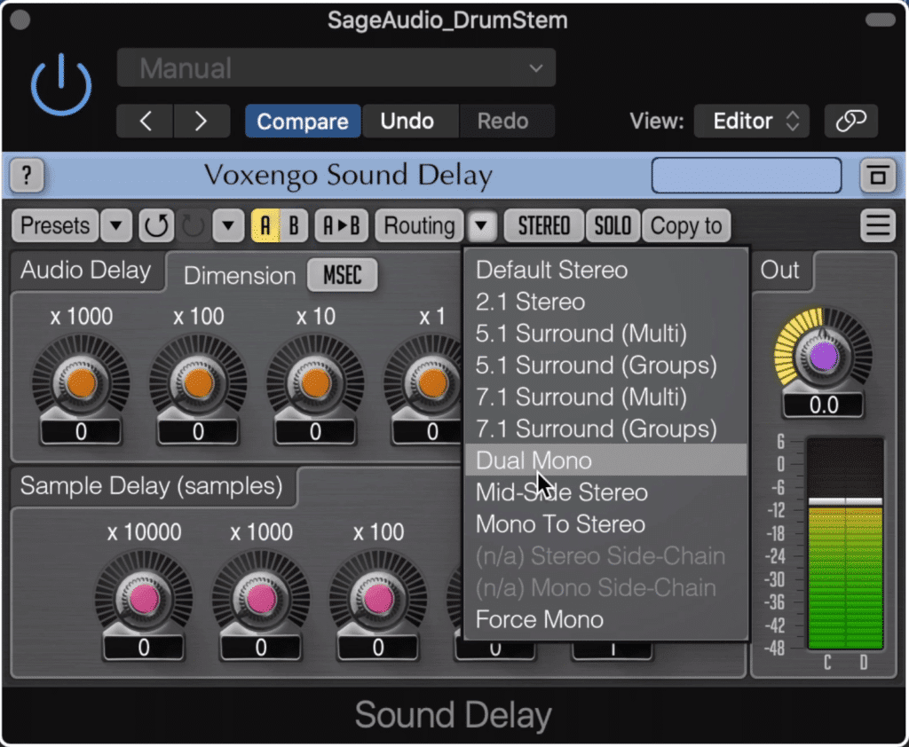 In the routing section switch the setting to stereo mid-side to create unique effects.