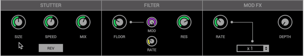 The stutter, filter, and mod fx sections are responsible for the modulation effects the plugin imparts on your signal.