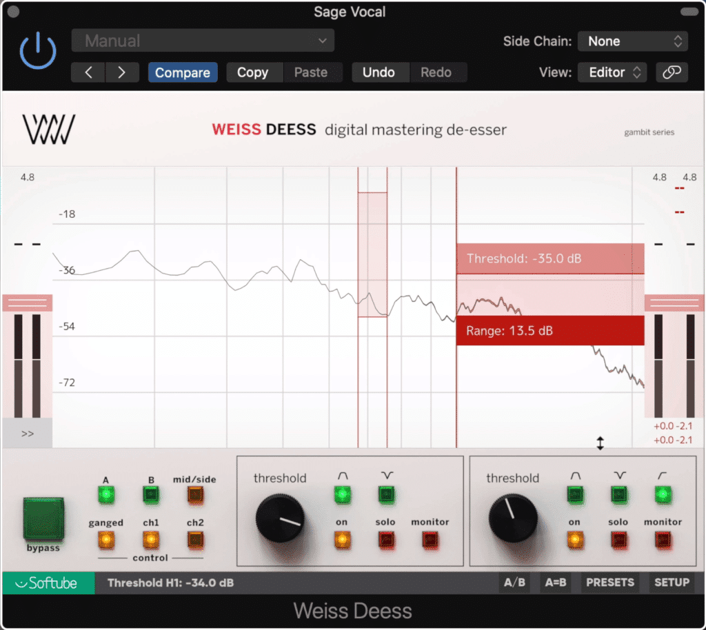 De-essing is a form of compression that controls sibilance or ess sounds.