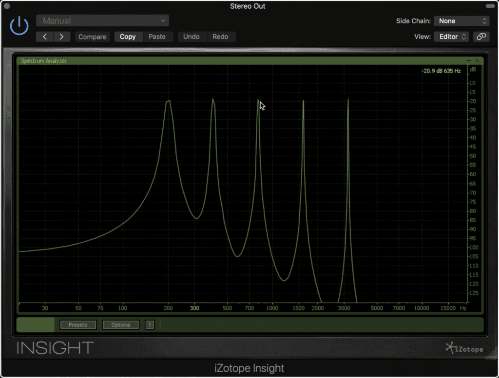 This is what the clean signal looks like. When the signal appears as these 5 test tones, no distortion is occurring.