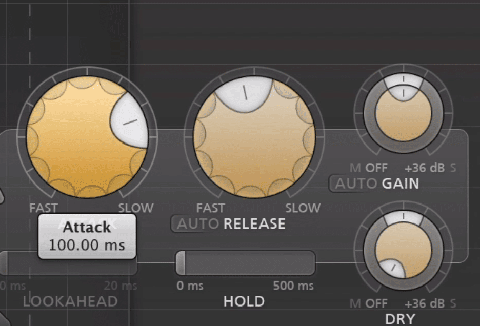 If the attack is 100ms, it takes 100ms before the compressor will begin to compress.