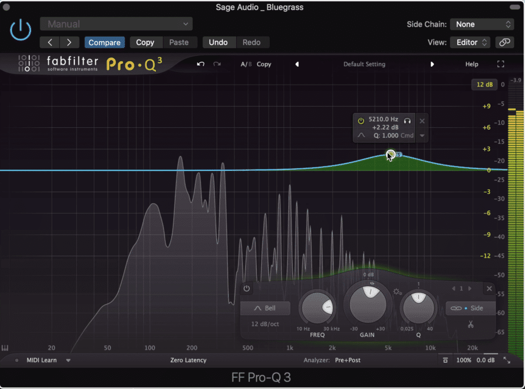 Mid-side equalization can be used to widen the stereo image of a bluegrass master.