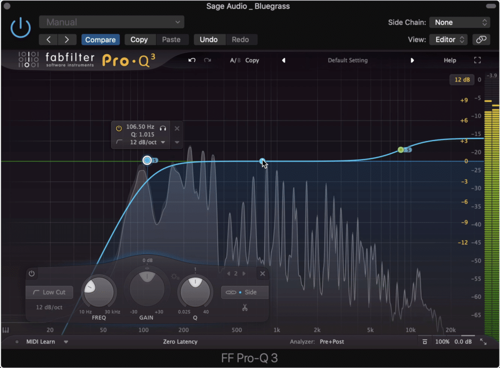 This equalization setting uses a low-pass filter on the side image and a shelf on the side image.