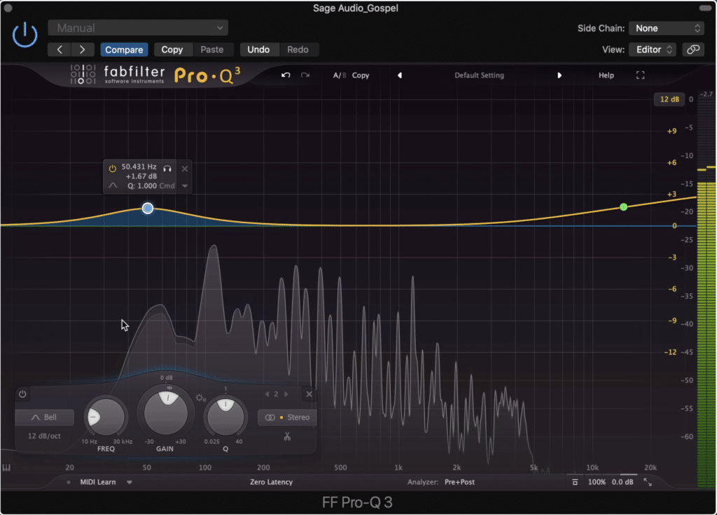 A bell filter on the kick frequencies and a shelf to amplify the higher frequencies will "hype" up the sound. This may work well in more modern Gospel, but should typically be avoided in more classic iterations of the genre.