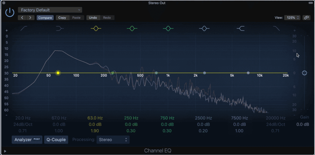 Notice that the low end's peak is measured at 10dB above zero to the right of the frequency analyzer.