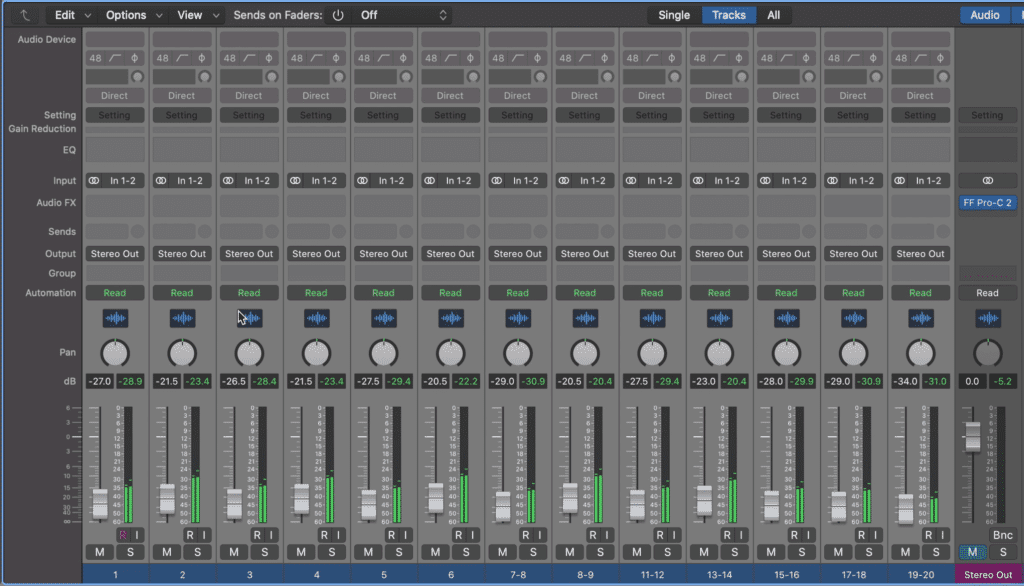 Notice the compressor on the stereo output. All 20 of these tracks will be routed through this bus compressor.
