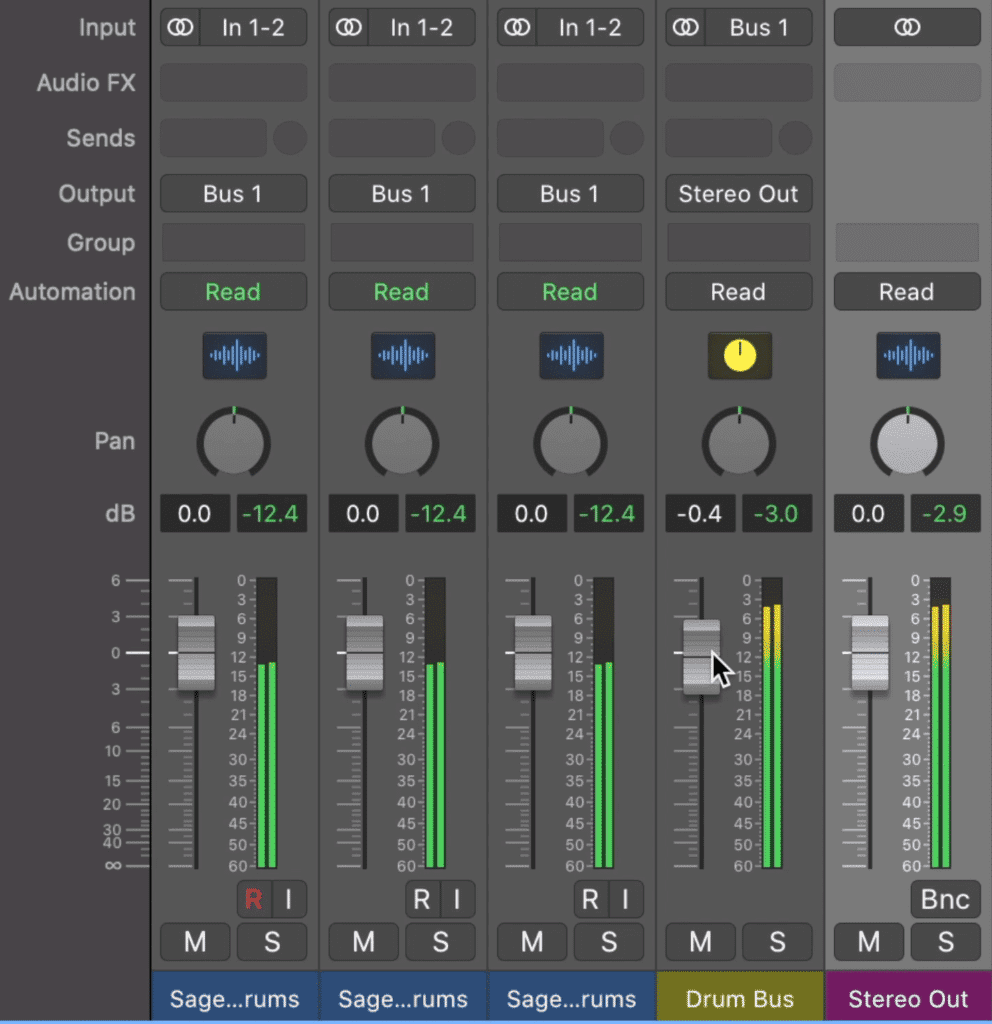 Notice that when you affect your Drum Bus channel, the signal all of the other tracks will be affected.