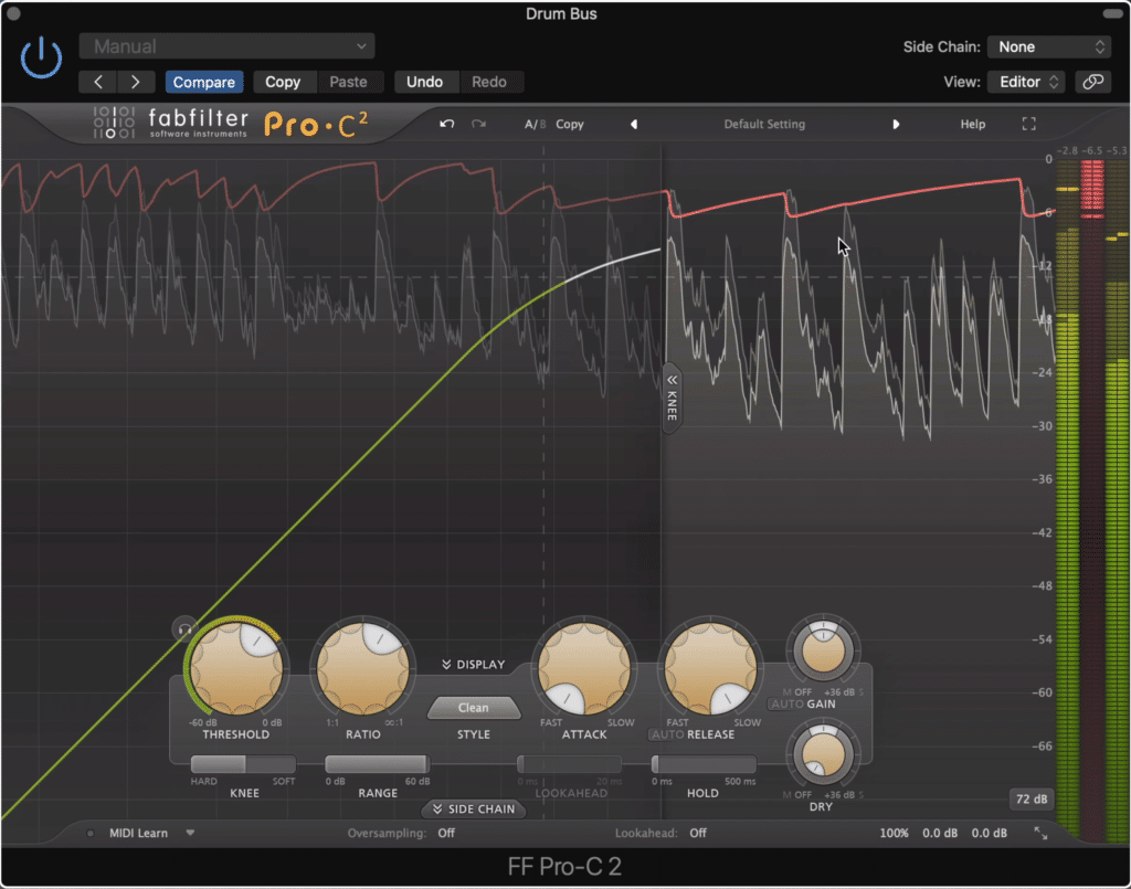 A short attack and long release will cause your drums transients to become attenuated. This isn't something you want to have happen.