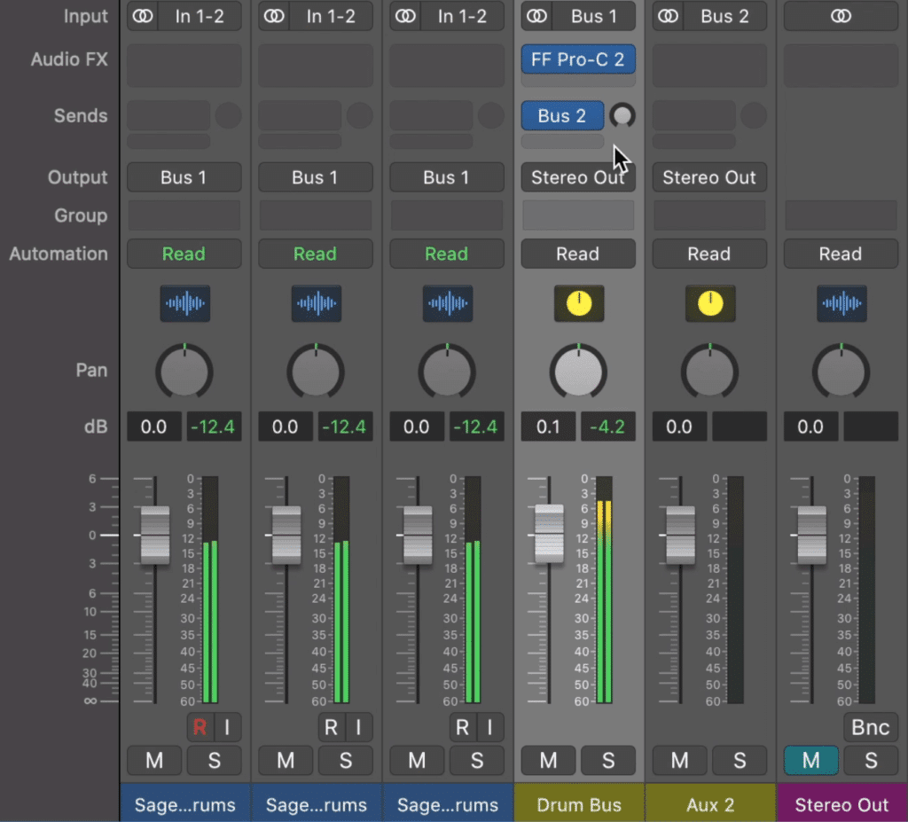 Create an auxiliary send using the bus tab.