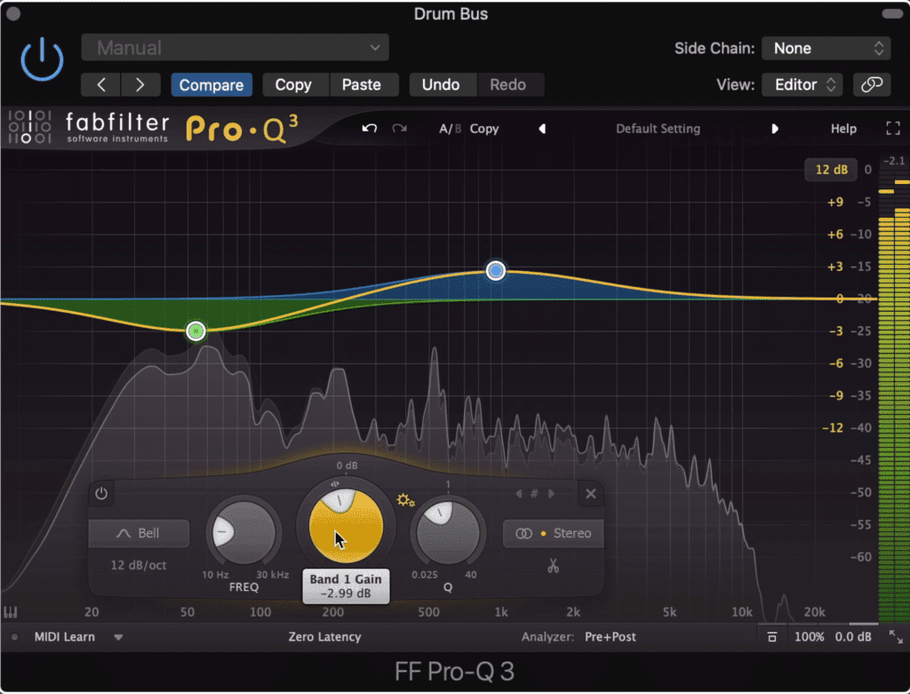 You can create more complex curves for your emphasis EQ. This one would allow the kick to pass through unaffected and would cause the mid-range to be compressed more.