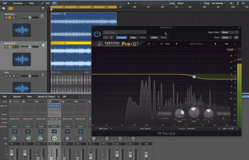 Notice that the signal panned to the right has its high range attenuated. This is to emulate the sensation that it is on the side of the head which is farther away from the sound source,