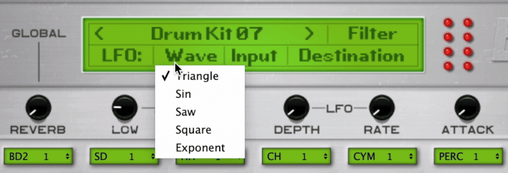 In the top section, you can alter the kit bank, the LFO, and other parameters.